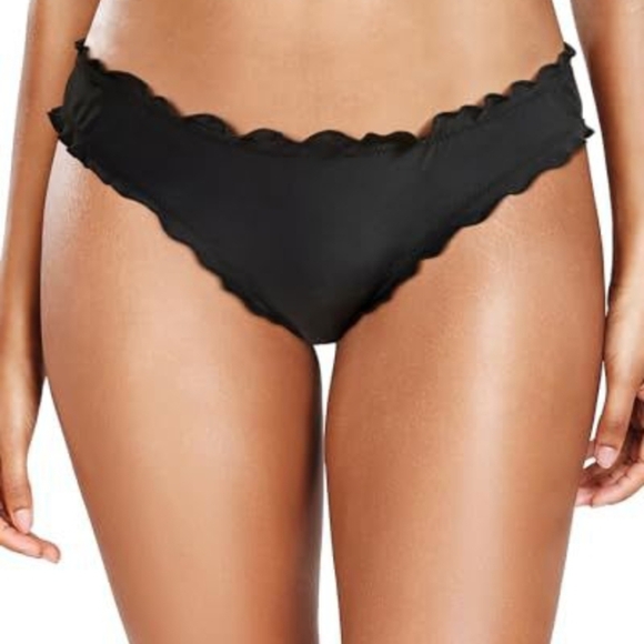 Black Scalloped Bikini Bottom, Ruffled, New, Hygienic Liner, Tags, Size L - Picture 1 of 4